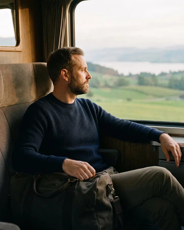 Mann mit Bart im dunkelblauen Pullover sitzt mit einer Reisetasche am Zugfenster und schaut auf grüne Hügel und einen See, weiches Nachmittagslicht