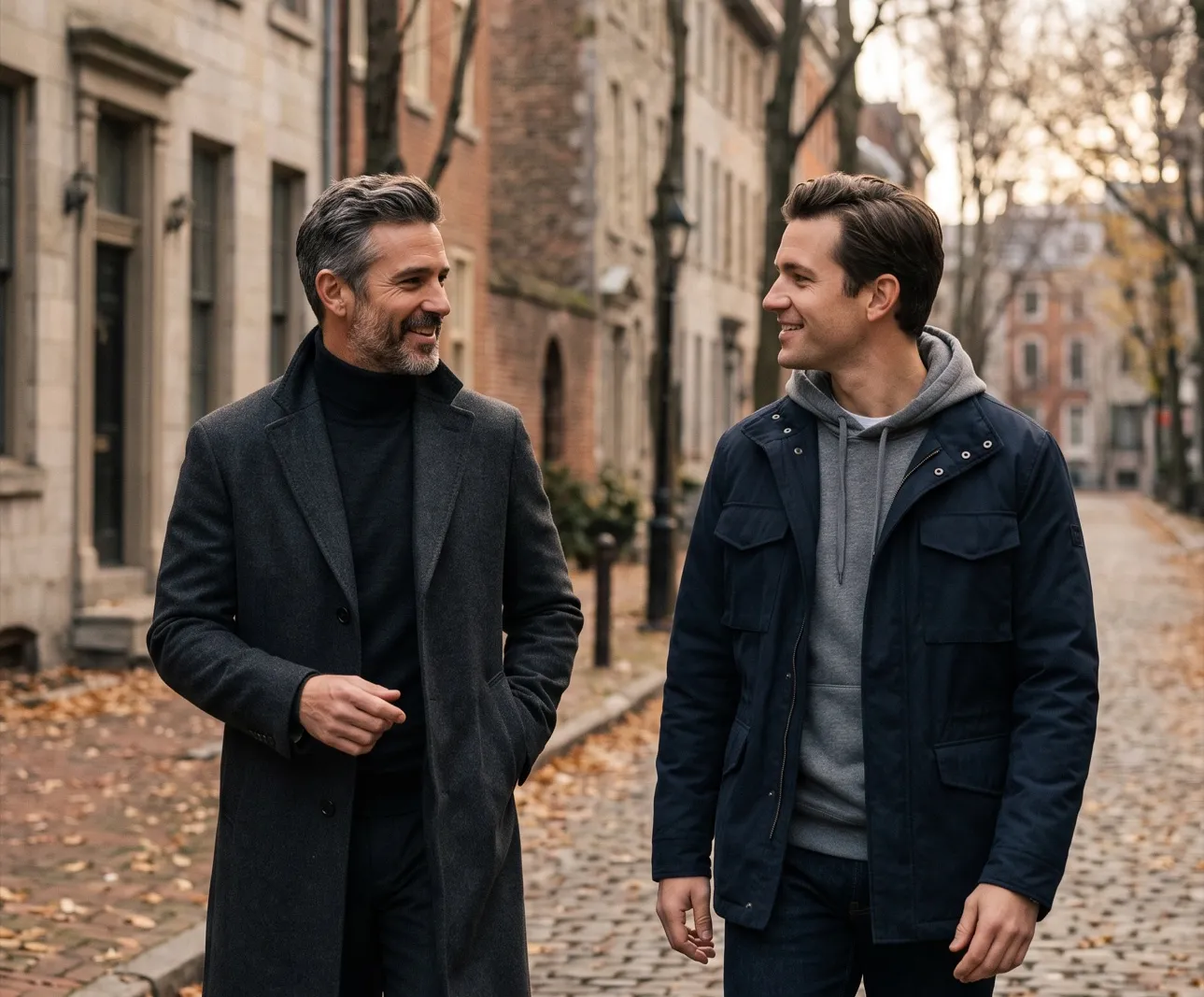 Ein Mann um die fünfzig mit grauem Bart im dunklen Wollmantel und ein Mann Anfang dreißig in Navy-Jacke gehen lächelnd im Gespräch über eine herbstliche Kopfsteinpflasterstraße