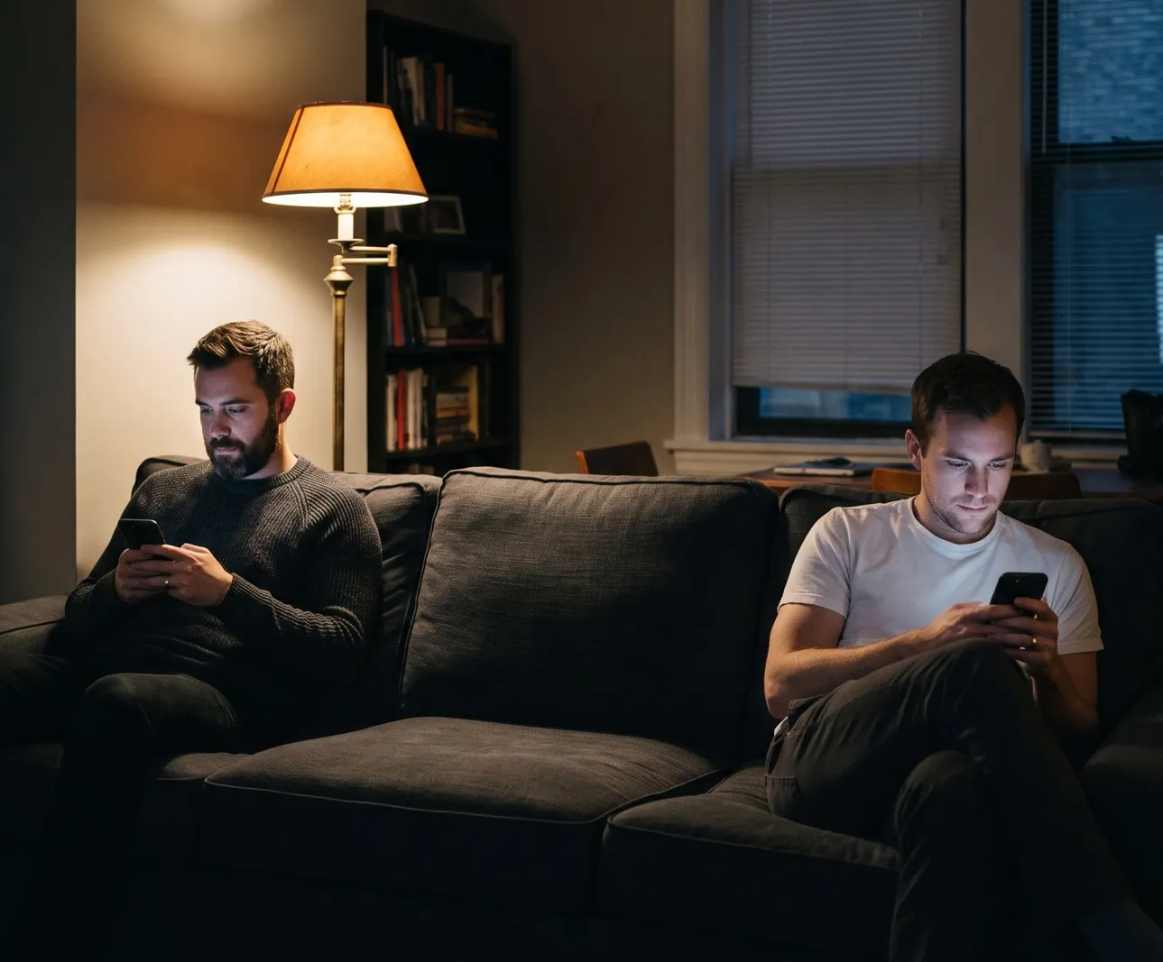 Zwei Männer sitzen abends an den beiden Enden eines dunklen Sofas, jeder schaut in sein Handy, eine Stehlampe wirft warmes Licht, zwischen ihnen bleibt ein Polster frei