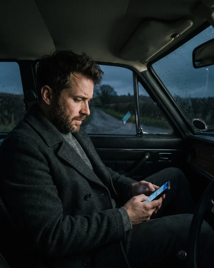 Ein Mann mit Bart und dunklem Wollmantel sitzt in der Dämmerung im Auto an einer schmalen Landstraße und schaut auf sein Handy