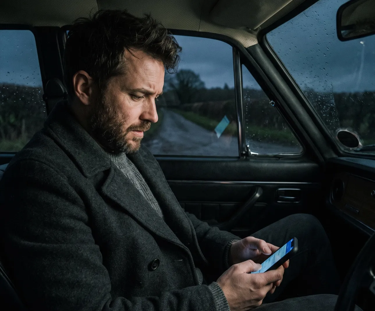 Ein Mann mit Bart und dunklem Wollmantel sitzt in der Dämmerung im Auto an einer schmalen Landstraße und schaut auf sein Handy